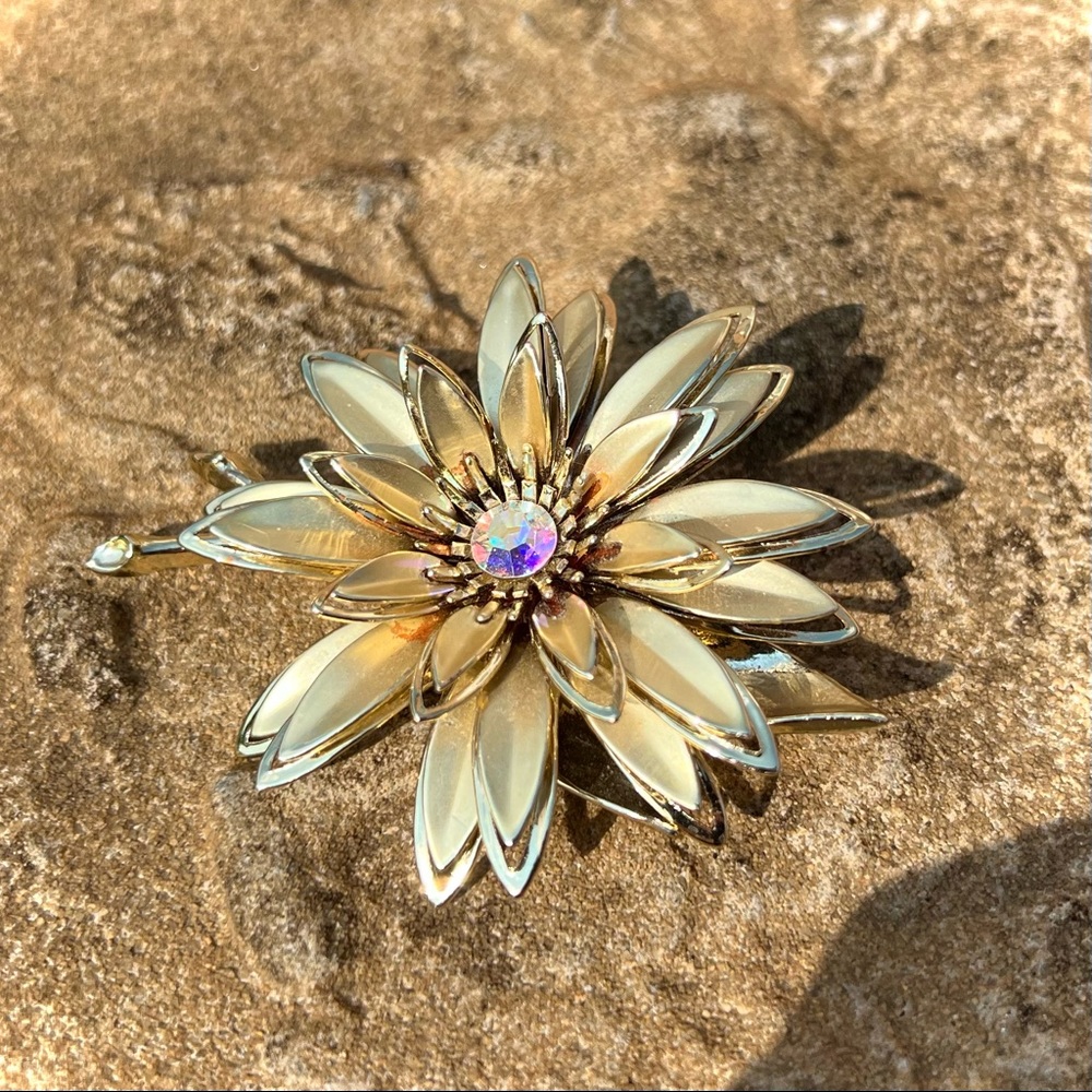 Vintage Satin gold brooch with aurora borealis Swarovski crystal